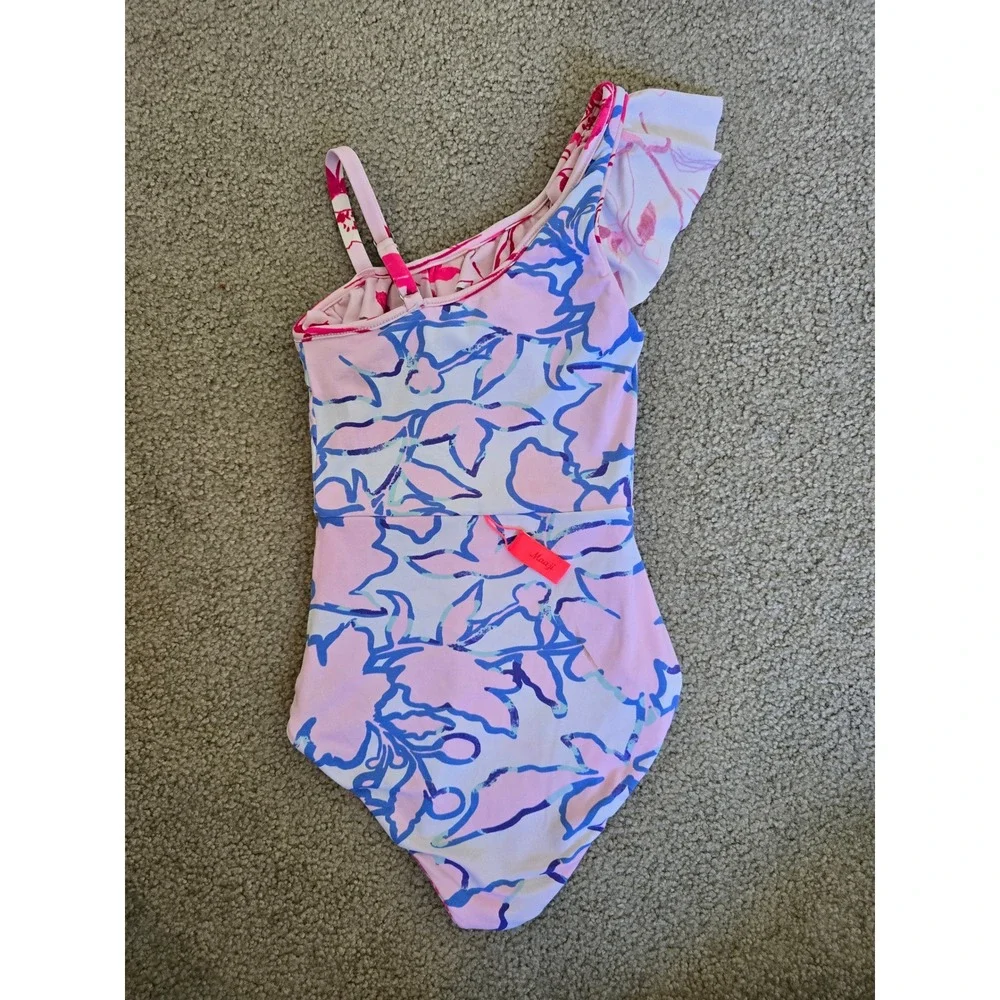 Maaji‎ Girls One Piece Ruffle Swimsuit Snakeskin Floral Pink Blue Size 4